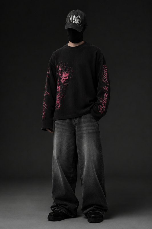 BLOOM IN SILENCE WAFFLE TEE - BLACK