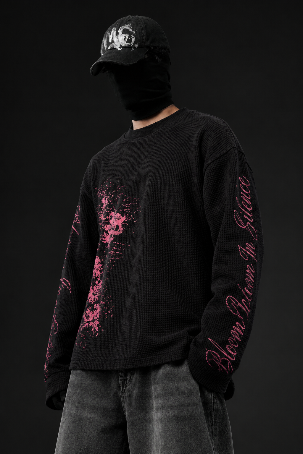 BLOOM IN SILENCE WAFFLE TEE - BLACK
