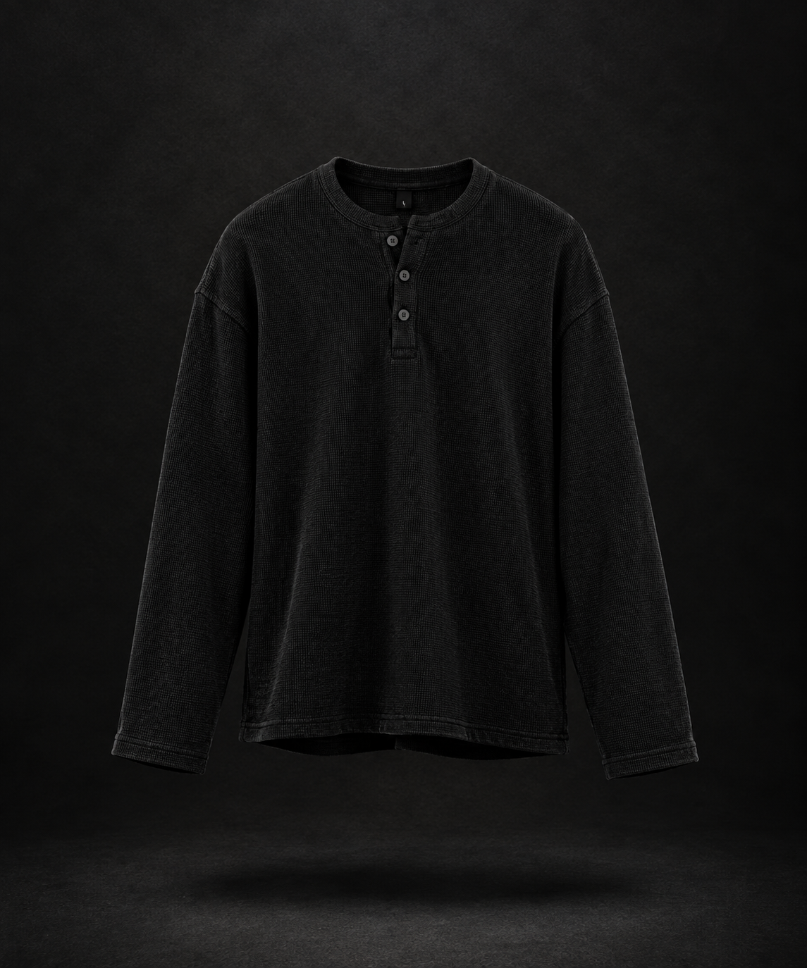 MIDNIGHT WAFFLE HENLEY - BLACK