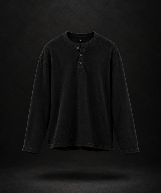 MIDNIGHT WAFFLE HENLEY - BLACK