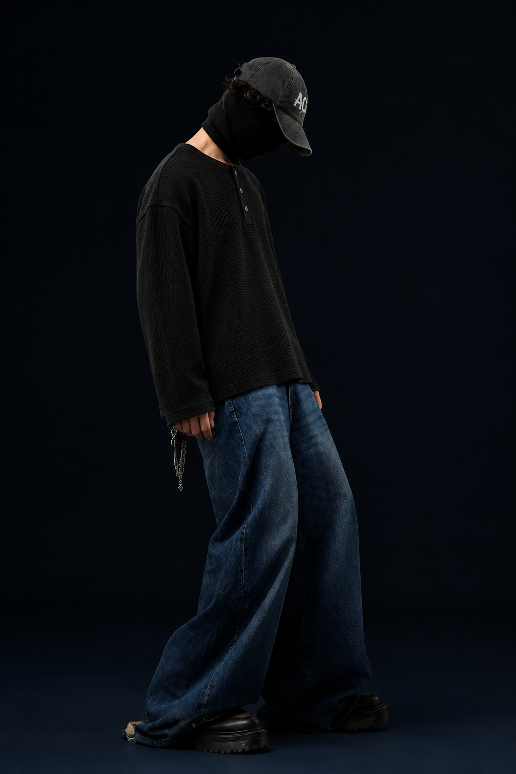 MIDNIGHT WAFFLE HENLEY - BLACK