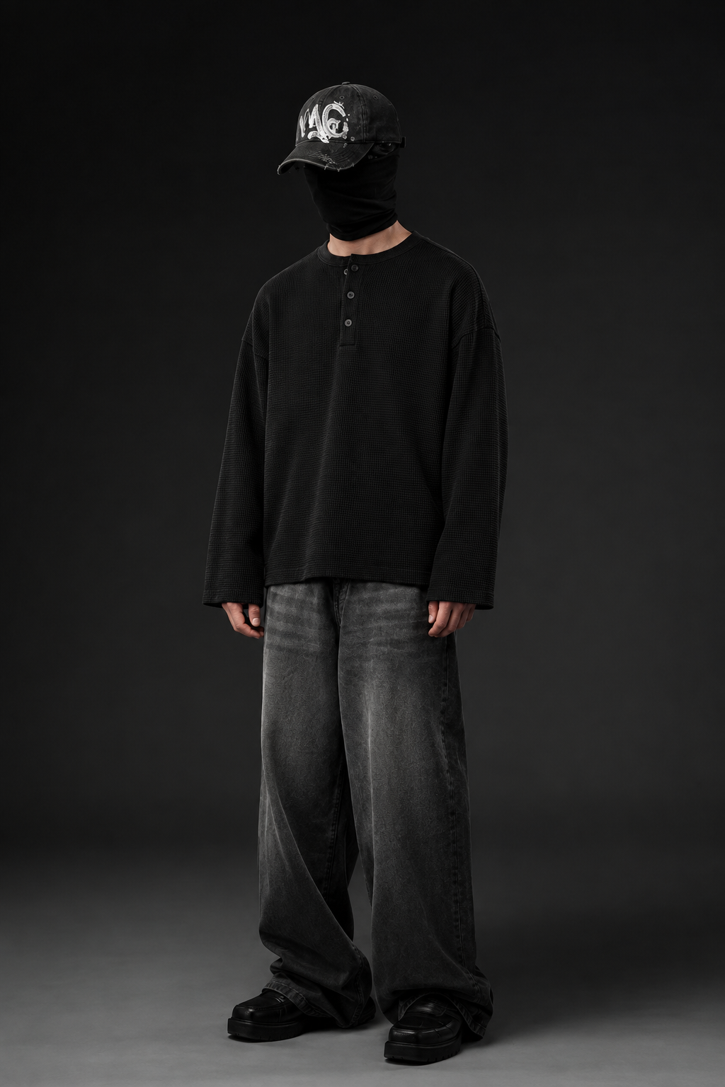 MIDNIGHT WAFFLE HENLEY - BLACK