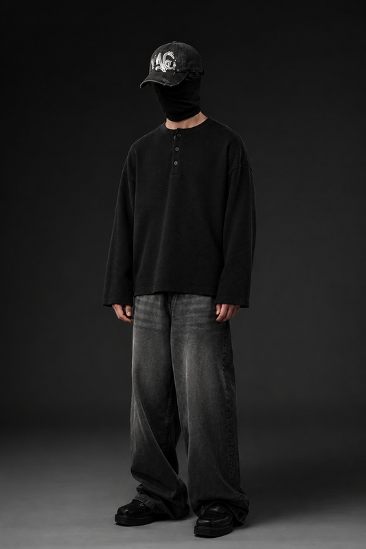 MIDNIGHT WAFFLE HENLEY - BLACK